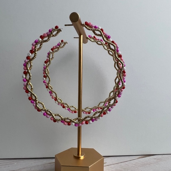 Large Pink & Gold Hoops - Oversized Gold Hoops- Trendy Boho Chic Earrings - Picture 7 of 14